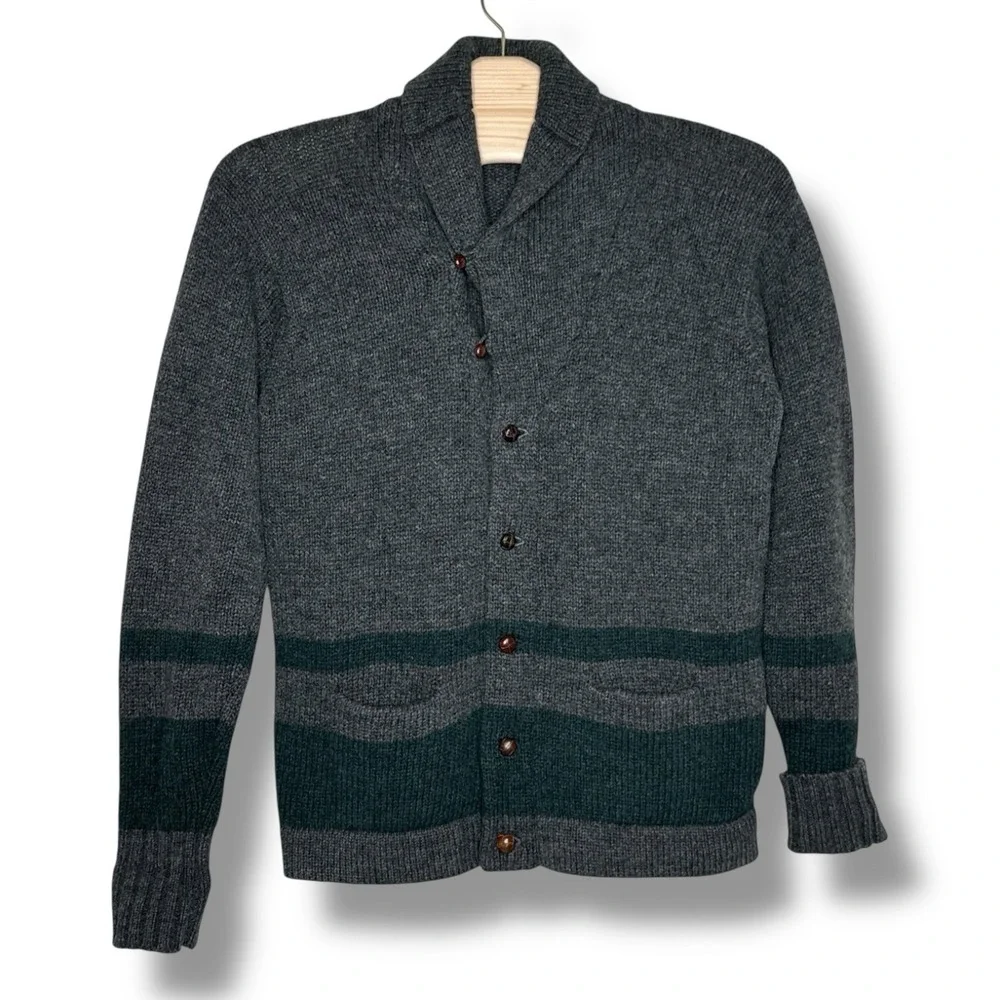 Vintage Polo Ralph Lauren Mens Varsity Wool Cardigan Sweater Gray Green‎ Stripe